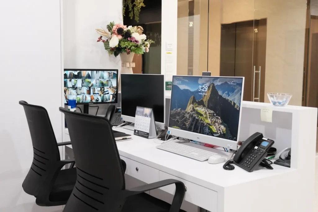 Professional reception area at a Singapore serviced office, offering front desk and mail handling services