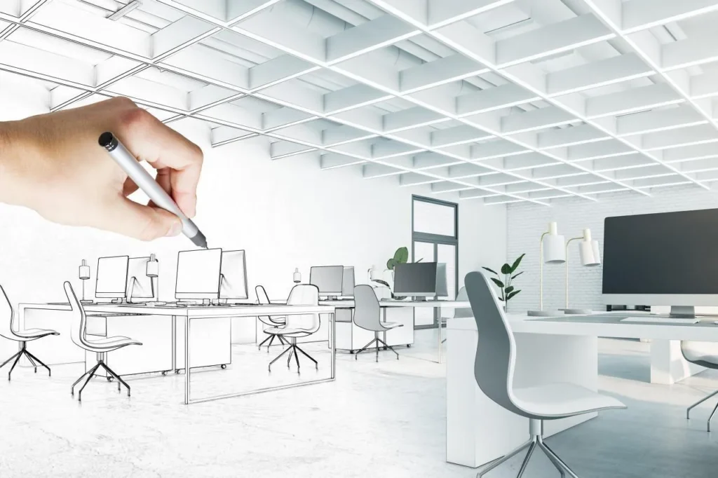 Pen drawing transforming a sketch office scene into a real office, symbolizing how to determine virtual office compliance