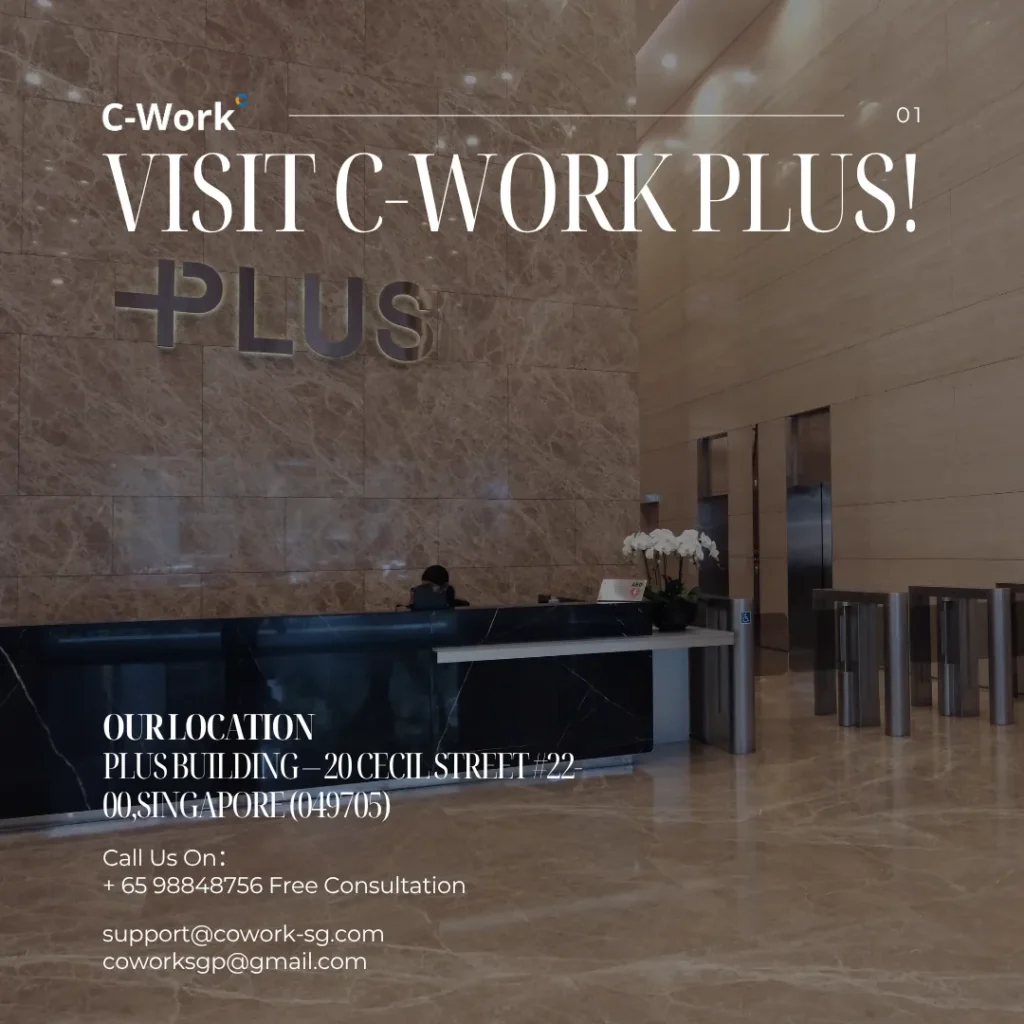 Promotional banner featuring 1 pax office workspace in Singapore with C-Work branding and CBD office visuals