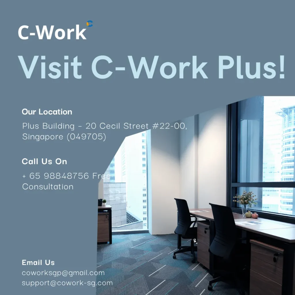 C-Work promotional poster featuring serviced office space in Singapore with workspace visuals and company information