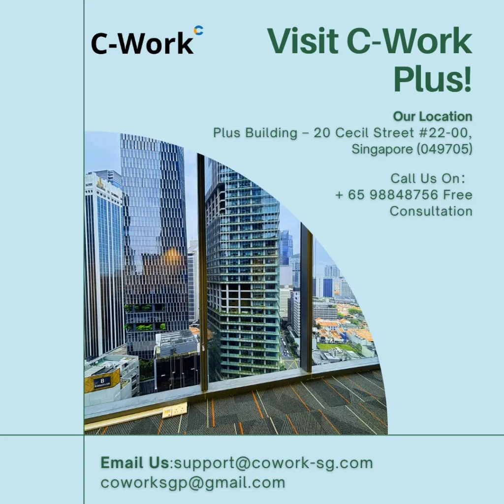 Promotional poster featuring PLUS Building exterior and contact details for C-Work serviced offices in Singapore