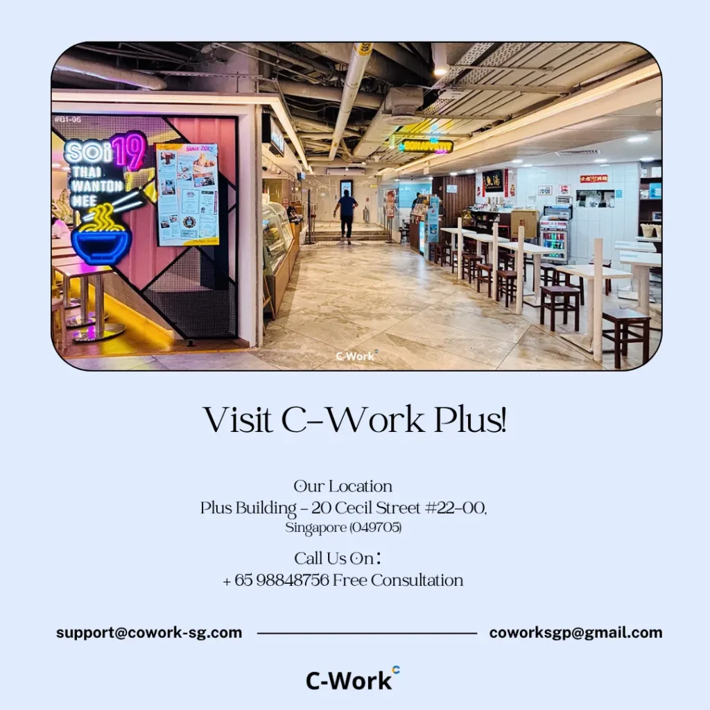Promotional poster of startup office in Singapore showing PLUS Building location and nearby business amenities